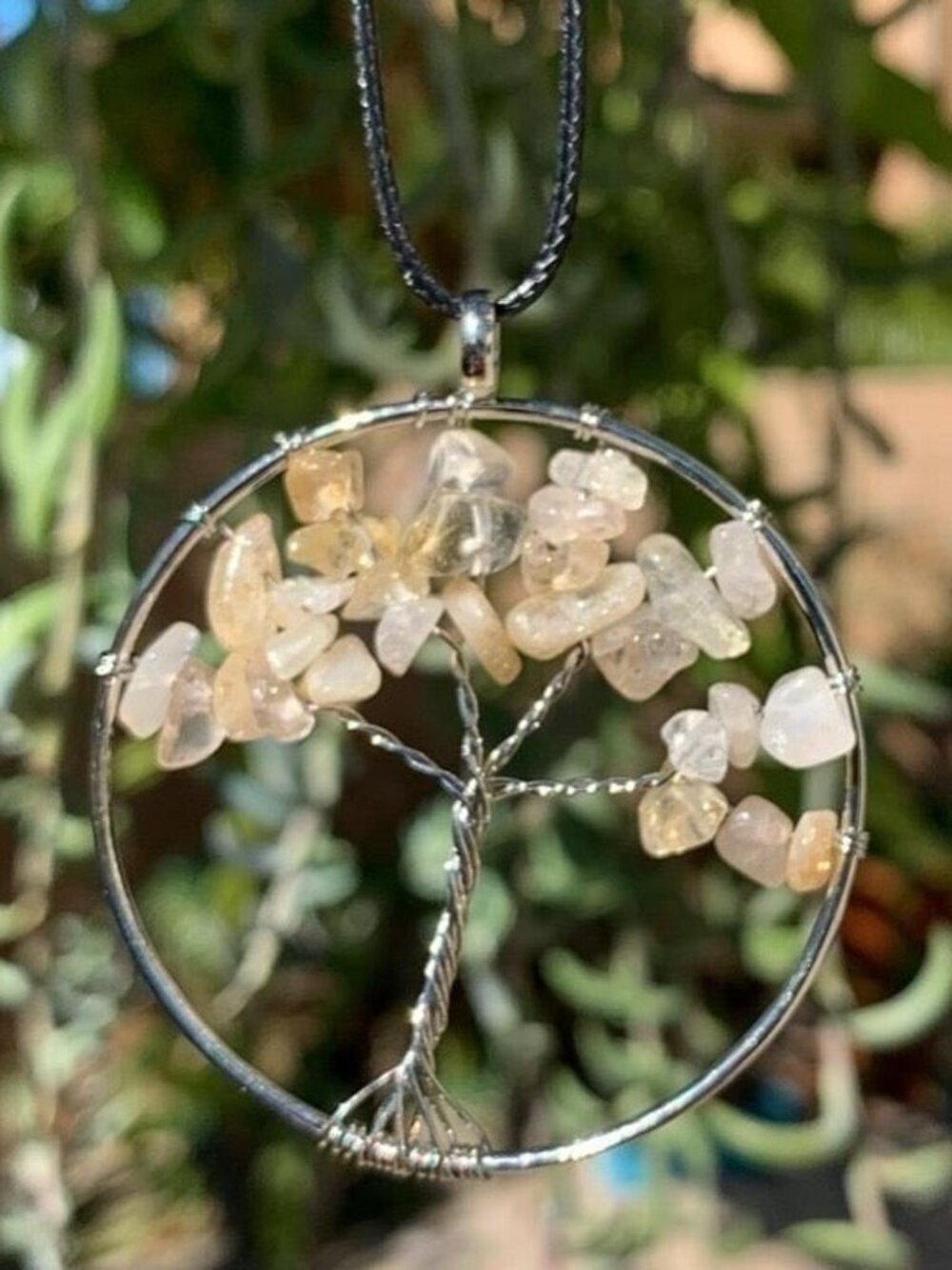 Large Citrine Crystal Tree of Life Pendant Necklace Wire Wrapped Black Cord 18"